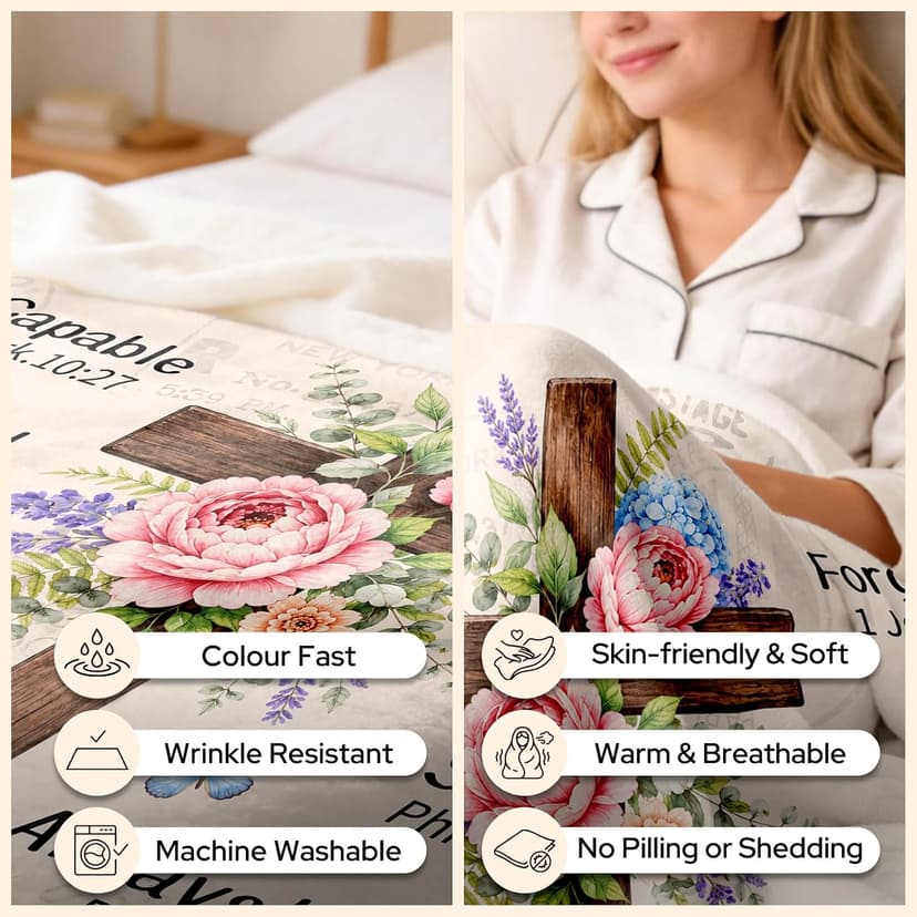 Inspirational Throw Blanket with Cross Flowers, Bible Verse for Mom, Daughter,Friends, Sister, Soft Flannel Blanket 50"x60" Birthday Blanket for Women, Christian Gifts for Friends, Mom B0HGLK3H1C
