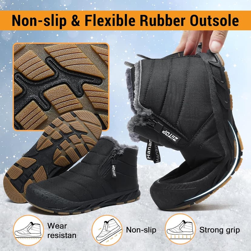 ziitop Snow Boots Mens Waterproof Winter Boots Fur Lined Warm Ankle Boots Zipper Closure Slip on Outdoor Boot Comfortable Walking Shoes