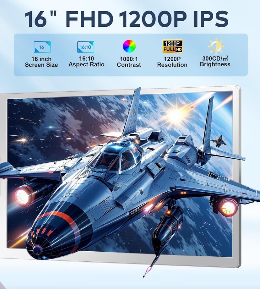 16" Laptop Screen Extender Monitor Portable, Quad Monitor, Just 1 Cable for 3 Screens, FHD 1200P IPS Laptop Extender Compatible with Wins/Mac for 13.6" - 18.5" Laptops