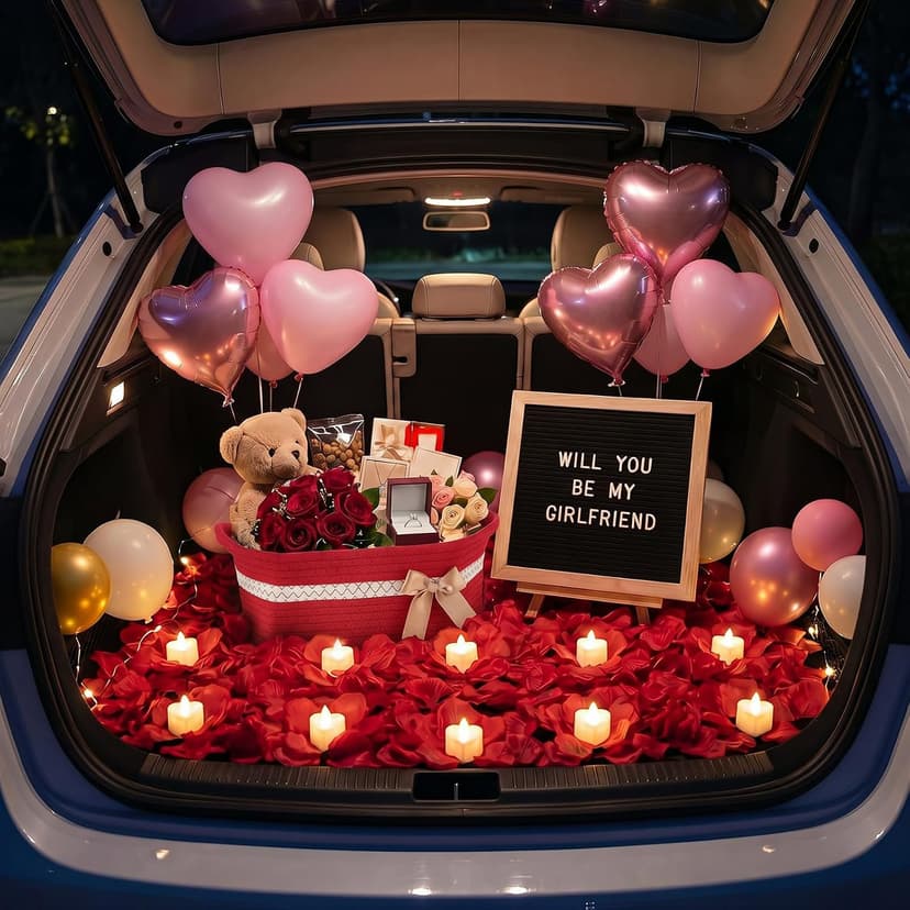 Basket Set with Letter Board, 1000 Rose Petal, 12 Heart LED Light, Romantic Gift Girlfriend Asking Anniversary Surprise Decor Ceenna Will You Be My Girlfriend Proposal Kit, Red, Cute