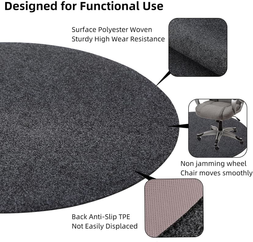 Office Chair Mat, Round Floor Mat for Home, 39inch Diameter Low Pile Heavy Duty Non Slip Multi-Purpose Desk Chair Mat Rug for Hardwood Tile Floor Carpets (Dark Grey)