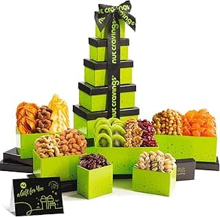 Green Tower + Ribbon, Food Arrangement, Healthy Snack Care Package, Kosher NUT CRAVINGS - Dried Fruit & Mixed Nuts Gift Basket (12 Assortments) B081294WT2
