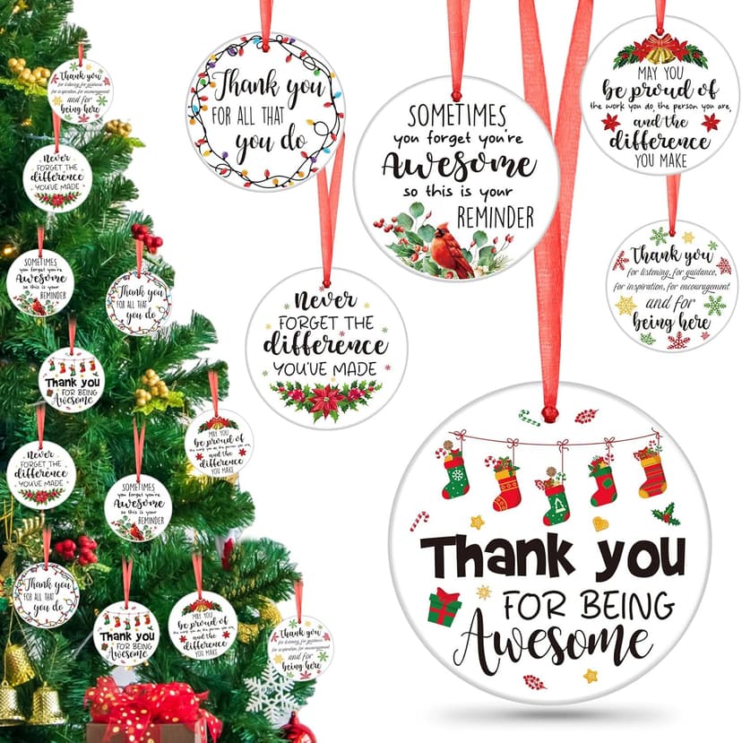 Barydat 12 Pcs Christmas Ornaments Employee Appreciation Gifts Bulk for Coworkers, Christmas Tree Ceramic Plaque Hanging Ornaments with Rope for Xmas Thanksgiving Teachers Nurses Gifts (Classic)