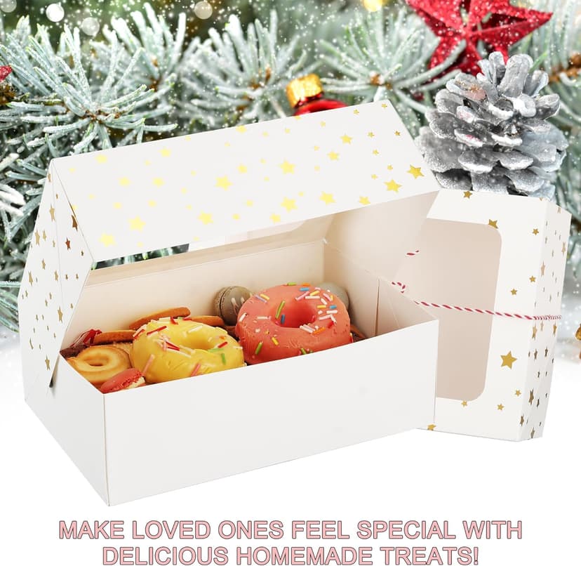 Zzrywuty 24 PCS Christmas Cookie Boxes for Gift Giving Golden Star White Bakery Boxes with Window,Christmas Treat Boxes for Pastry Dessert Cupcakes Mini Cake Pie Candy Donut,Baking Goods Packing Box