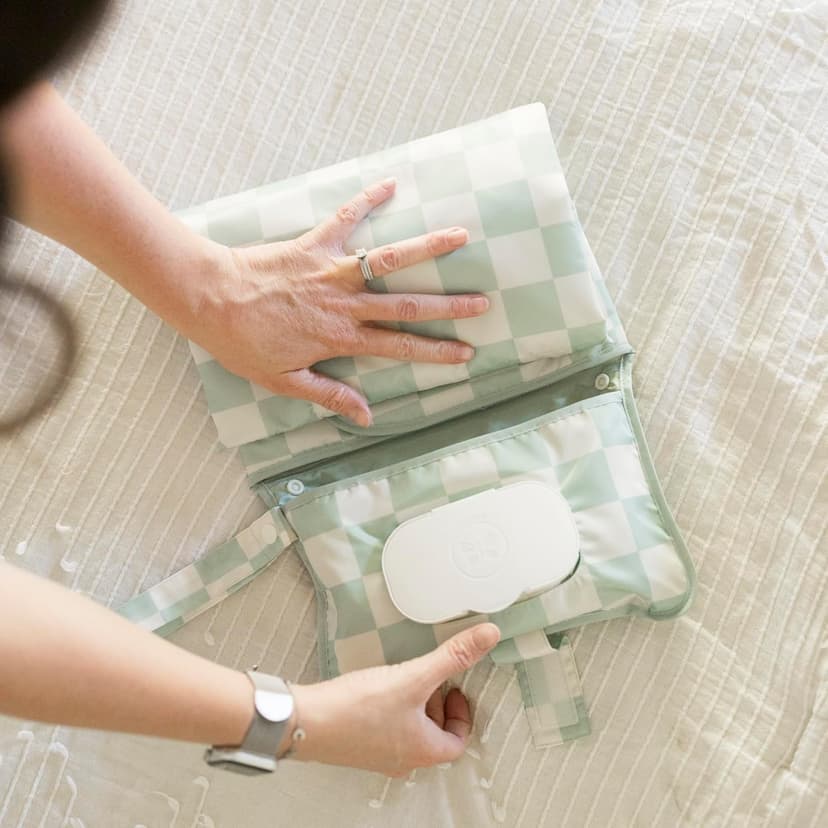 Tiny Twinkle Portable Diaper Changing Pad | Waterproof, Wipeable & Compact Baby Changing Pad for Travel | Smart Wipes Pocket & Organized Storage| Newborn Shower Gift (Sage Checkers) B0DDT2VW7T