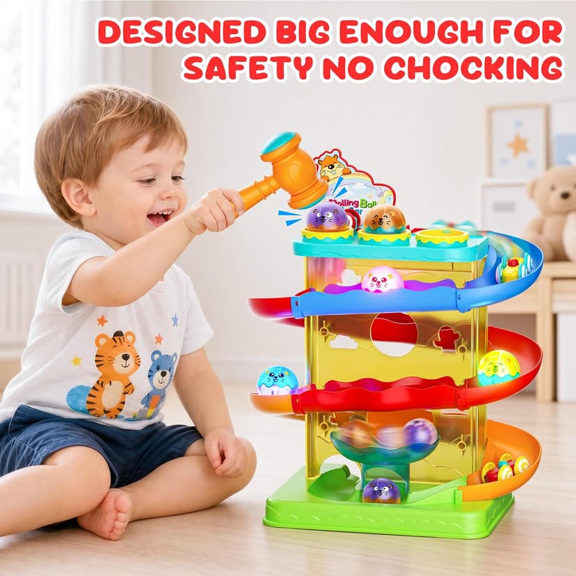 Hammer Rolling Ball, Launch and Race Car-Cause and Effect Sensory STEM Learning Toys for 1-5 Year Old Boys & Girls 2-in-1 Ball Drop & Car Ramp Race Track Montessori Toy for Toddlers Ages 1-5 B0FLDB14N8