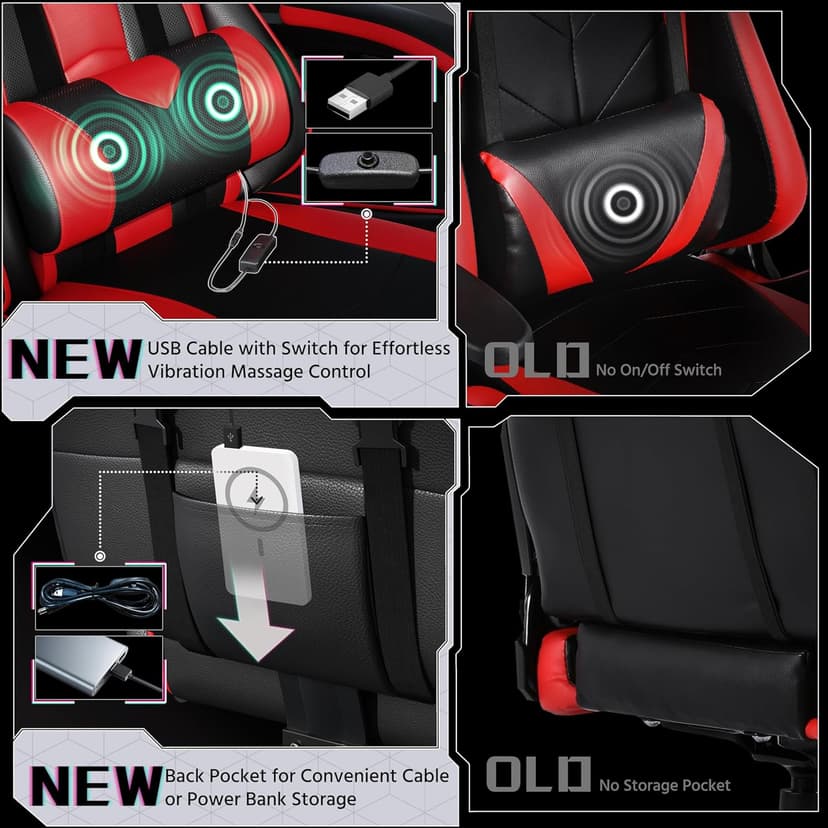 Yaheetech Gaming Chair, Video Game Chair with Massage Lumbar Support and Footrest Height Adjustable Ergonomic Computer Chair with Swivel Seat and Headrest, Black/Red