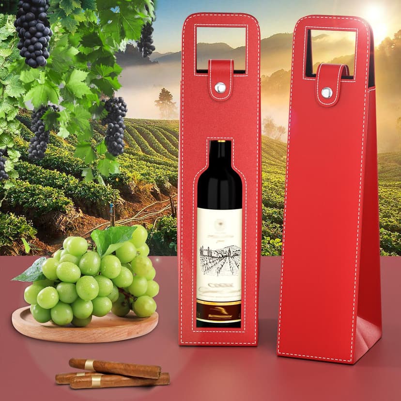 Wine Gift Bag, Reusable Leather Wine Tote Carrier, Single Bottle Champagne Beer Gift Bags Carrier for Birthday, Wedding, Picnic Party, Christmas Gifts (Red)