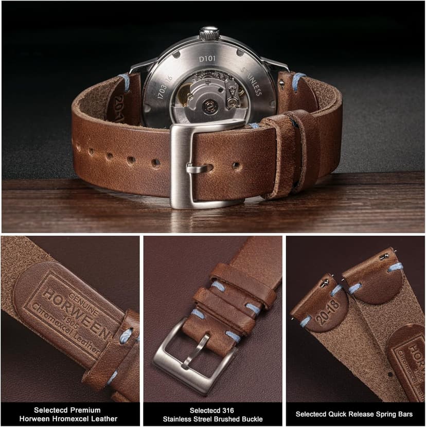 hemsut h Leather Watch Bands for Men, Horween Quick Release Leather Watch Strap Vintage Watch Replacement Wrap of 18mm, 20mm, 22mm