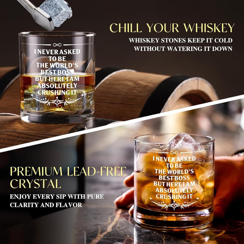 15 Pcs Boss Day Gifts for Men Whiskey Glass Set, Best Boss Ever Gifts with 11 Oz Whisky Glass Coaster Stones Socks Crystal Plaque Spiral Notebook Keychain, Bosses Inspirational Gift from Employees