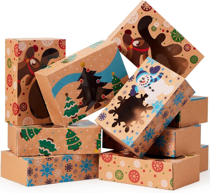 JOYIN 12PCS Christmas Cookie Boxes for Gift Giving, 8.75" x 5.75" x 2.75" Xmas Holiday Treat Cookie Tin with Window, 3 Designs Brown Foiled Kraft Bakery Box for Pastries, Cupcakes, Brownies, Doughnut