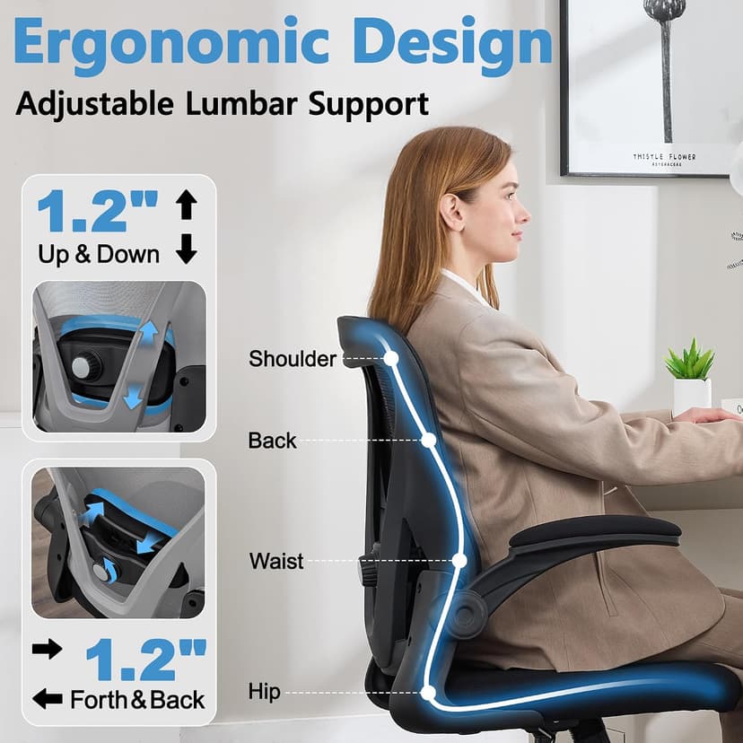Office Chair, Ergonomic Office Chair with Back Support, Comfy Home Office Desk Chairs with Lumbar Support & Flip-up Armrests, 330LBS Mesh Computer Executive Task Chair for Home Office, Black