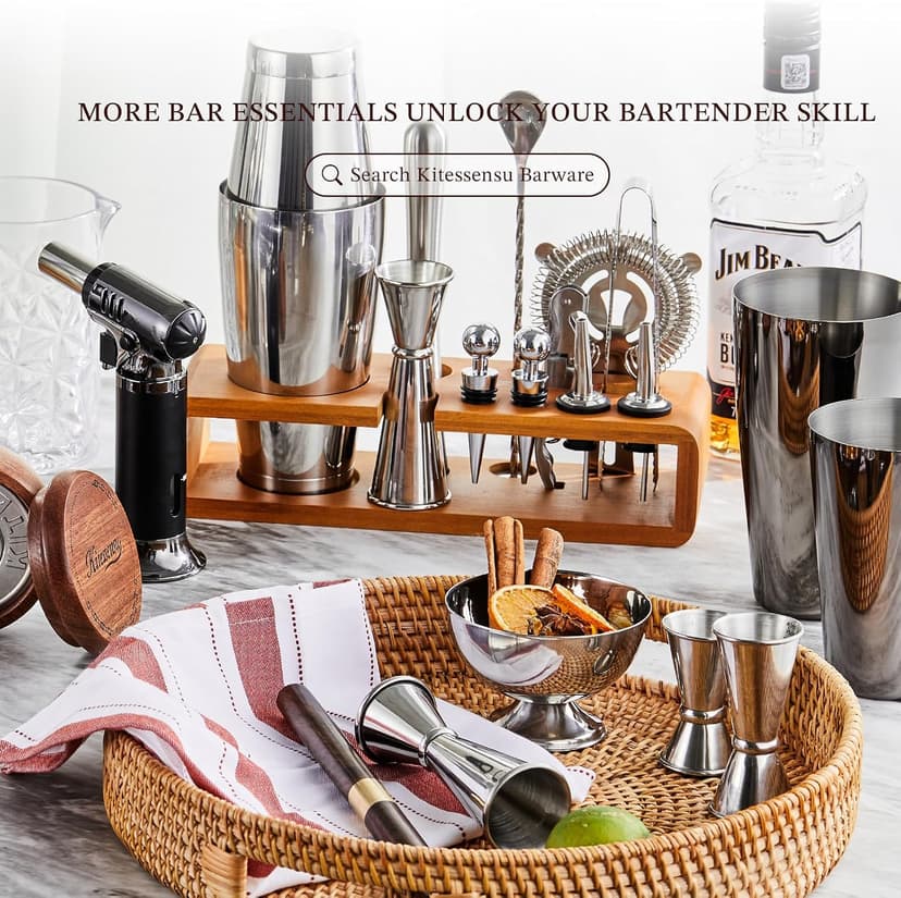 KITESSENSU Cocktail Shaker Set Bartender Kit with Stand | Bar Set Drink Mixer Set with All Essential Accessory Tools: Martini Shaker, Jigger, Strainer, Mixer Spoon, Muddler, Liquor Pourers |Silver B08BYJ8KSR
