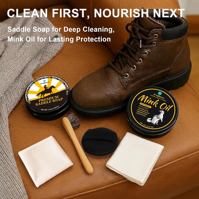 Feilove Leather Boot Care Kit – Mink Oil & Saddle Soap for Leather with Applicators & Cloths – 6-Piece Leather Shoe Care Kit for Cowboy Boots, Work Boots, Shoes & Tack