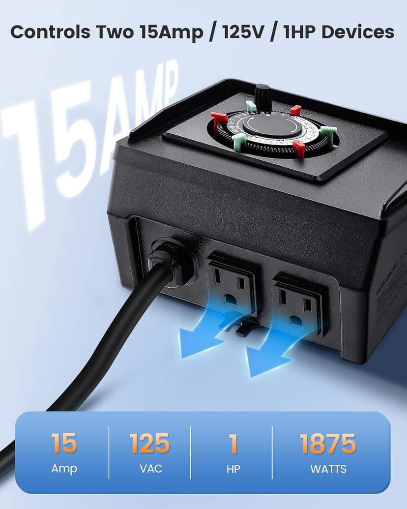 SURAIELEC Mechanical Pool Timer for Above Ground Pools, NEMA 5-15R Plug-in 24-Hour Timer with Dual Outlets, 15A 125V 1HP, Up to 3 Daily Settings, Weatherproof Cover for Pool Pumps, Outdoor Lighting