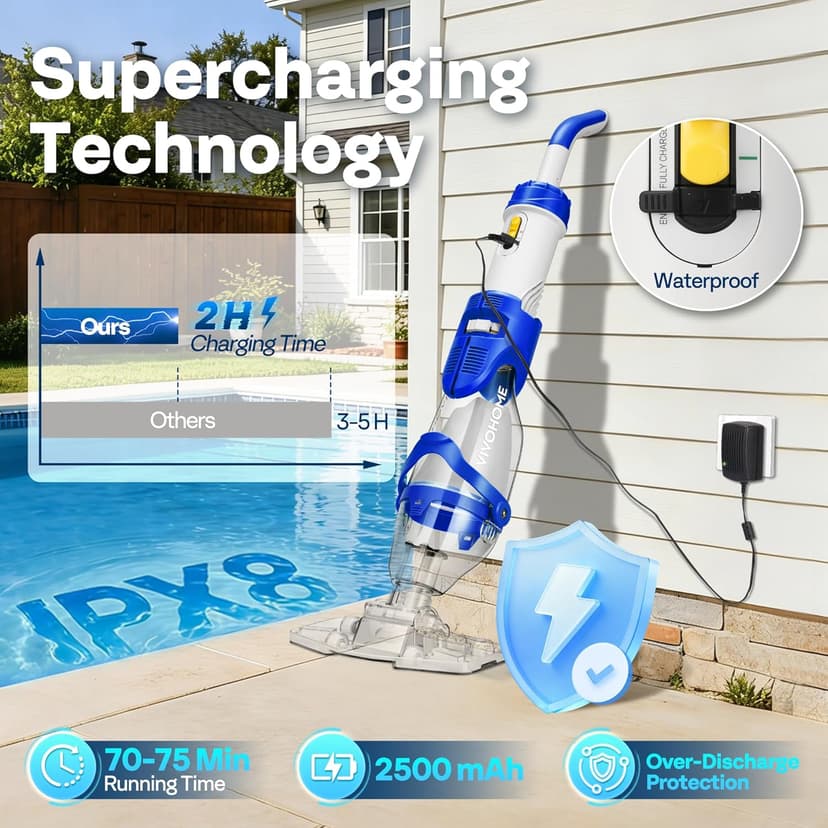 VIVOHOME 1140GPH Handheld Pool Vacuum Cordless Cleaner Powerful 40W Motor Suction Long-Run 75min Battery, 2.6L Visible Filter, Adjustable 8.2FT Pole for Above Ground & In-Ground Pools