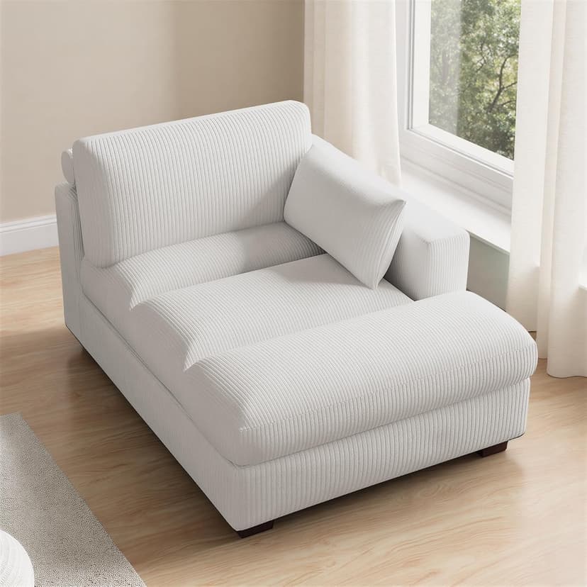 Oversized Chaise Lounge Chair Indoor with Left Armrest, Comfy Upholstered Sofa Bed Recliner Chair for Living Room, Corduroy Reading Seat Cloud Couch w/Solid Wood Frame - Sea Salt Grey