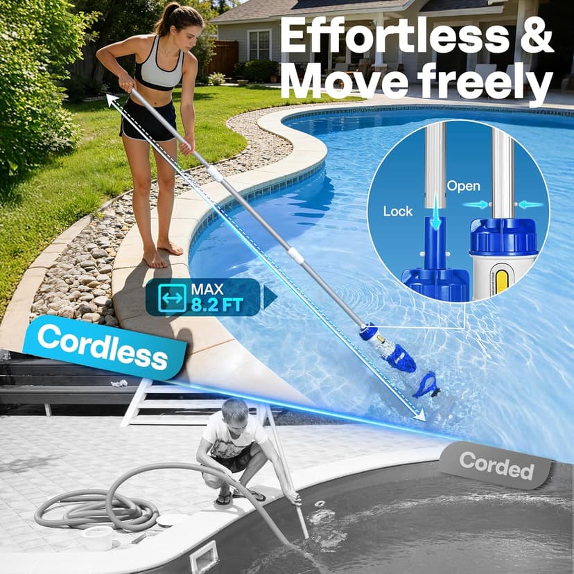 VIVOHOME 1140GPH Handheld Pool Vacuum Cordless Cleaner Powerful 40W Motor Suction Long-Run 75min Battery, 2.6L Visible Filter, Adjustable 8.2FT Pole for Above Ground & In-Ground Pools