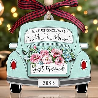 TUMSHANIP First Christmas Married Ornament 2025 - Wedding Ornaments - Wedding Gifts for Couples 2025, Newlyweds, Bride - Mr and Mrs Gifts - Just Married Couple Gift - Wood Ornament