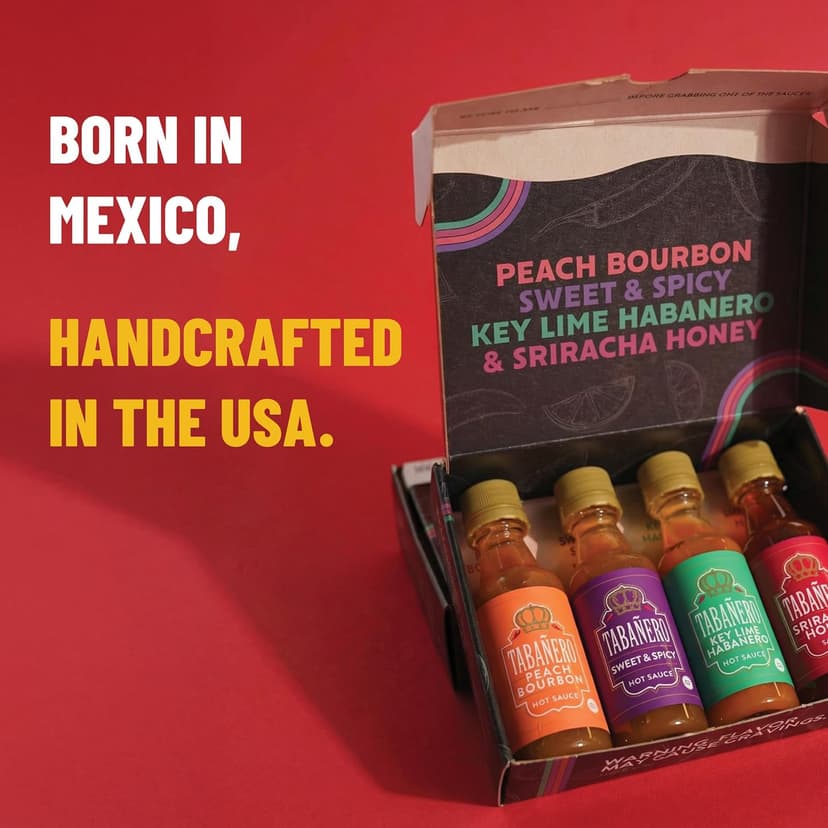 1.7 oz Mini Glass Bottles, Kit Includes Peach Bourbon, Key Lime Habanero, Sweet & Spicy, All Natural, Gluten Free, Low Sodium Tabañero Variety Hot Sauce Gift Set, Kosher, Sriracha Honey, 4-Pack B0CN9P7XD7