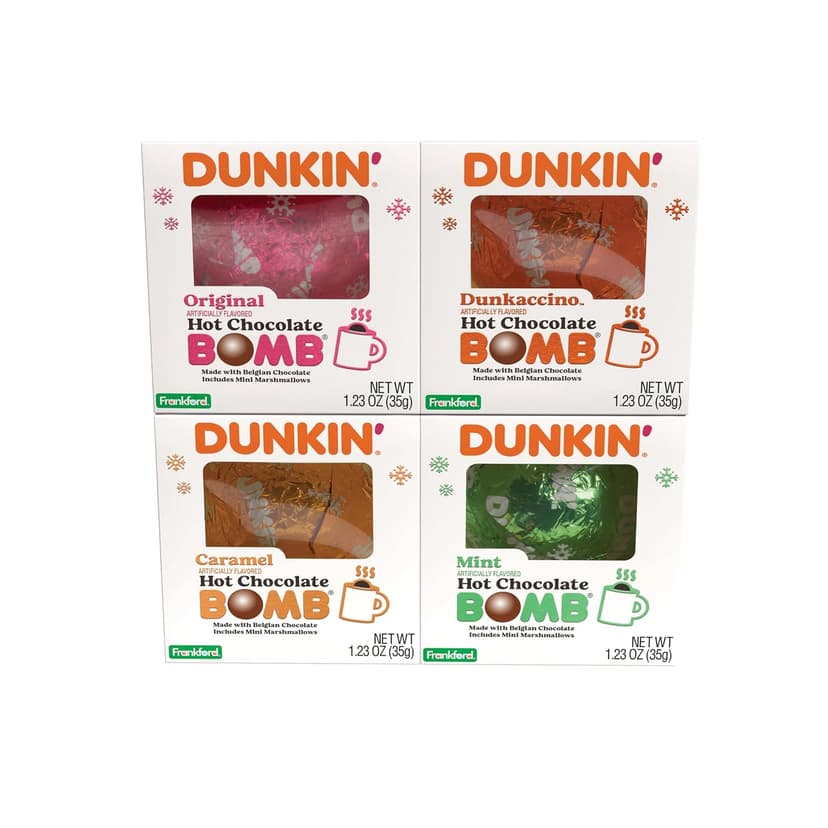 Dunkin' Hot Chocolate BOMB 4 Pack Assorted Flavors Bundle- Original, Mint, Dunkaccino, Caramel, Four Hot Cocoa Melting Balls, Stocking Stuffer Holiday Gift Set