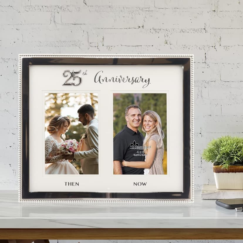 4x6 Double Silver Beaded Metal 25th Anniversary Picture Frame, Then and Now B0BRM5WJ7N