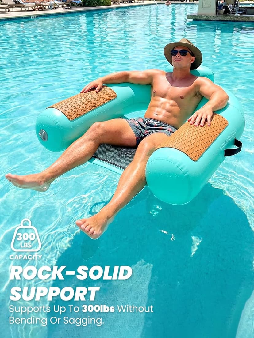 Zeraty Heavy Duty Double-Sided PVC Scrim Floating Chair Inflatable Pool Lounger for Adults, Premium Water Hammock with Cooling Mesh & EVA Armrests, Sunbathing Tanning Float for Lake Beach (300 Lbs)