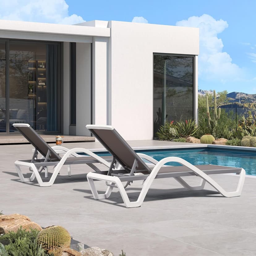 PURPLE LEAF Patio Chaise Lounge Chair Set of 3 Outside Aluminum Plastic Stackable Tanning Chairs with Armrests and Side Table for Pool Sunbathing Beach Deck Outdoor Lounger, Taupe