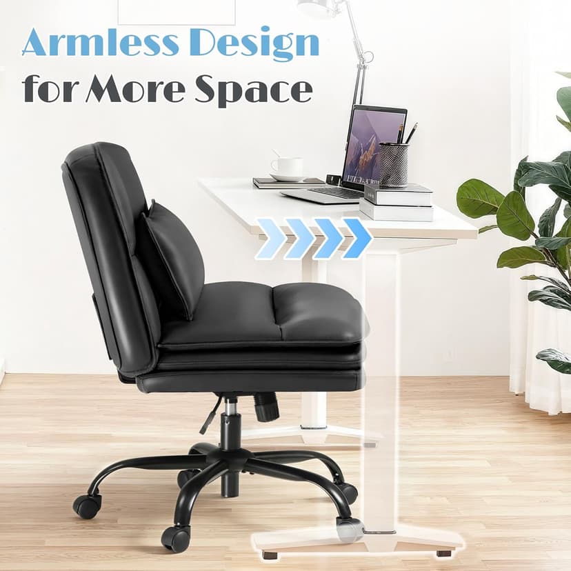 Furmax Criss Cross Legged Office Chair with Wheels, Armless Extra Wide Seat Swivel Desk Chair, Adjustable Height Comfy Task Chair with Thick Cushion for Home Office Bedroom Vanity (PU Leather, Black)