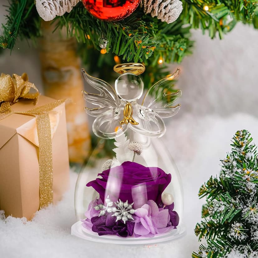 Christmas Rose Gifts for Women,Fresh Flowers for Delivery,Birthday Gifts for Women Mom,Preserved Flowers in Glass Angel Figurine,Angel Christmas Rose Gift for Grandma,Purple Gift Valentines