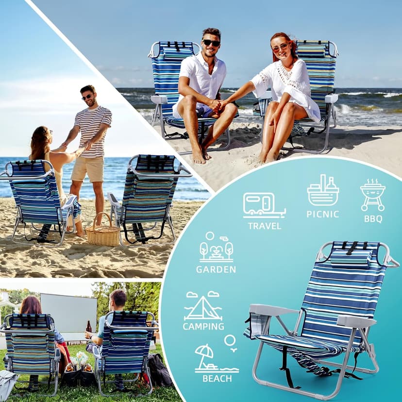 Yestomo Beach Chairs for Adults Heavy Duty, Compact Portable Lay Flat Folding Chair with Backpack Straps and Large Cooler Pouch, Support to 350LBS (Stripes_Blue&Cyan)