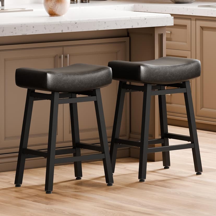 Counter Height Bar Stools Set of 2, 24 Inch Backless BarStools for Kitchen Island Leather Saddle Bar Chairs Kitchen Stools with 4" Thick Seats & Heavy Duty Metal Base, Black