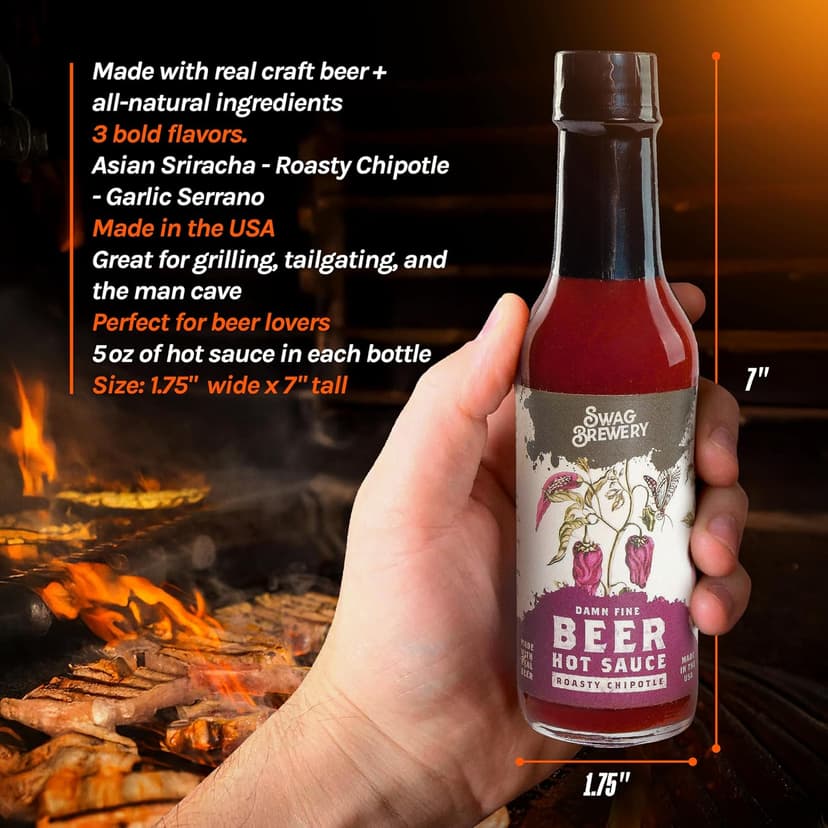 Beer-infused Hot Sauce Variety 3-pack (Includes Asian Sriracha, Garlic Serrano, & Roasty Chipotle) - Craft Beer Gift, Hot Sauce Gift Set, Beer Sauce, BBQ Sauce, Beer Lover, Grill + Man Cave