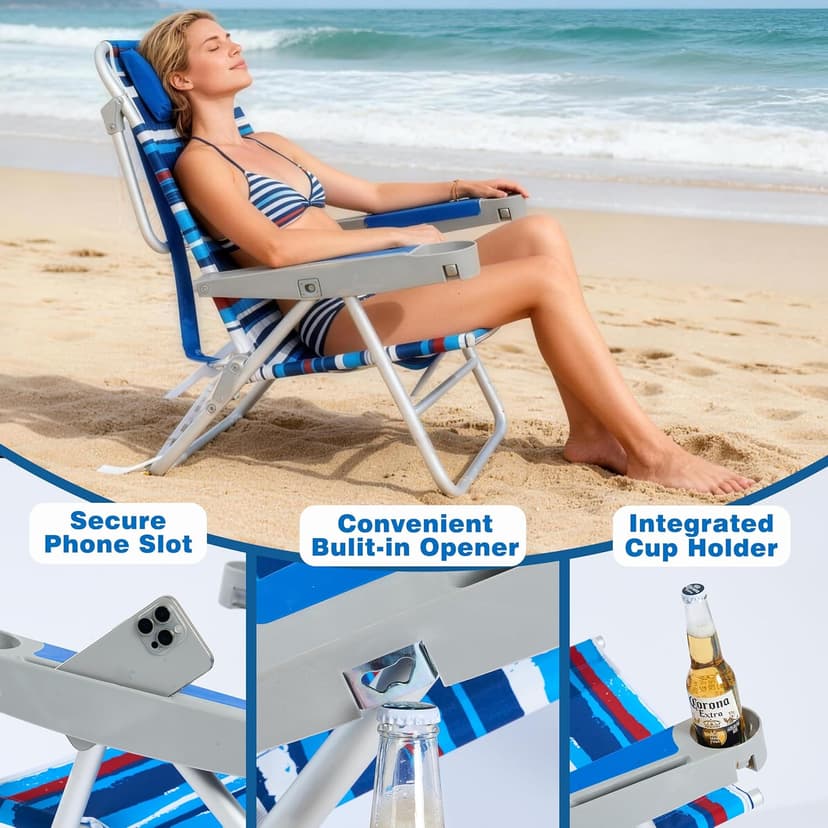 SUNNYFEEL Extra Wide Low Beach Chair 5 Position Lay Flat 500 LBS Heavy Duty, XL Oversized Portable Folding Camping Chairs with Cup Holder for Outdoor/Trip, Lightweight Backpack Beach Chair for Adults