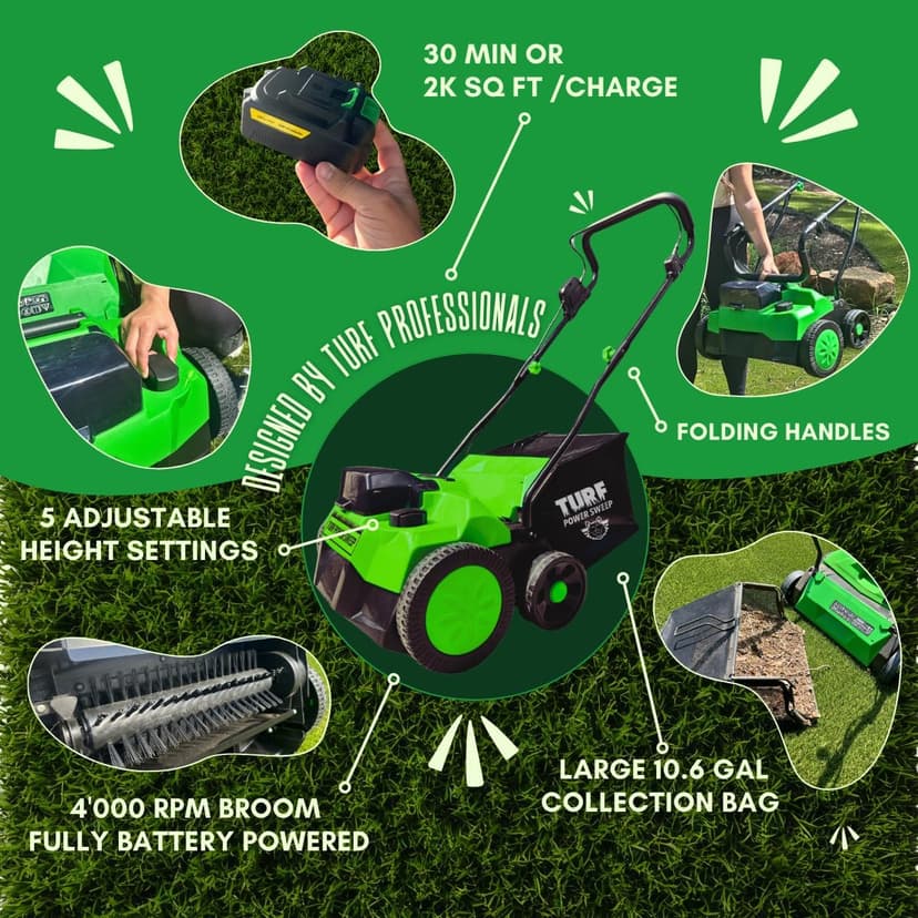 Turf Power Sweep by Turf Product Solutions - Cordless Battery Powered Artificial Grass Power Sweeper