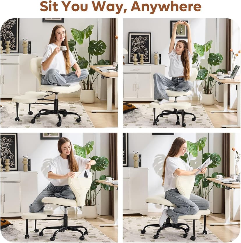 YFO Ergonomic Cross Legged Office Chair and ADHD Meditation Chair with Silent Wheels for Home Office Desk Chair and Yoga, Wider Backrest Support and Storage Pockets Design, PU Leather, Cream