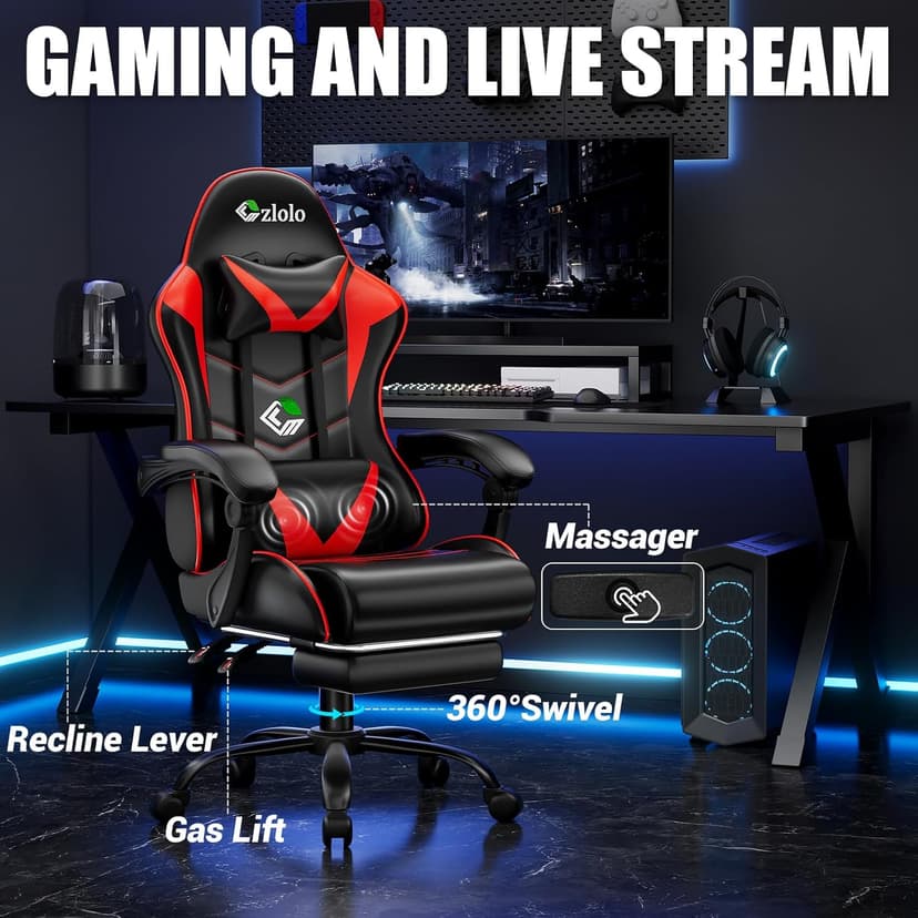 Czlolo Gaming Chair with Footrest Racing Style Lumbar Support Massager Video Game Chair with Metal Legs, High Back Reclining Gamer Chair with Headrest, 360° Swivel Office Computer Desk Chair (Red)