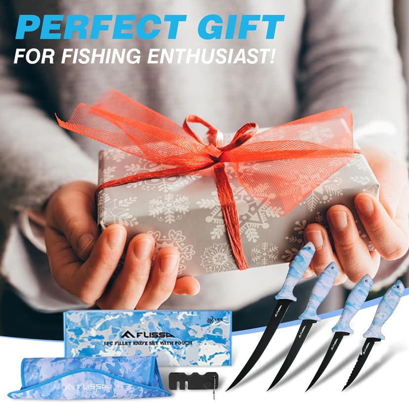 FLISSA Fillet Knife Set with 5"/6"/7"/9" Fillet Knives, Sharpener, Protective Sheath, Portable Roll Bag, Gifts for Fishermen, Saltwater & Freshwater Use