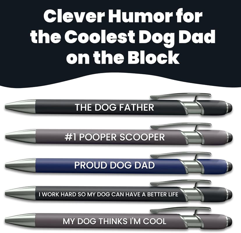 Funny Dog Dad Gift Pen Set – 5 Black Ink Ballpoint Pens with Stylus Tip & Metal Barrel with Doggy-Themed Quotes – Cool Dog Dad Gift for Men for Christmas, Stocking Stuffers, Birthday, Father’s Day
