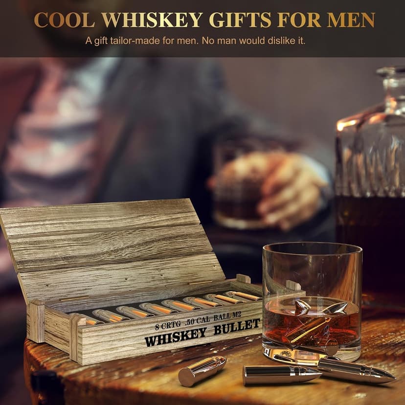Reusable stainless steel whiskey chillers; birthday, anniversary & Father's Day gifts for men, Dad, husband or boyfriend. 8Pcs Bullet Whiskey Stones, Reusable Metal Ice Cubes, Whiskey Gifts for Men B0DCP33PNX