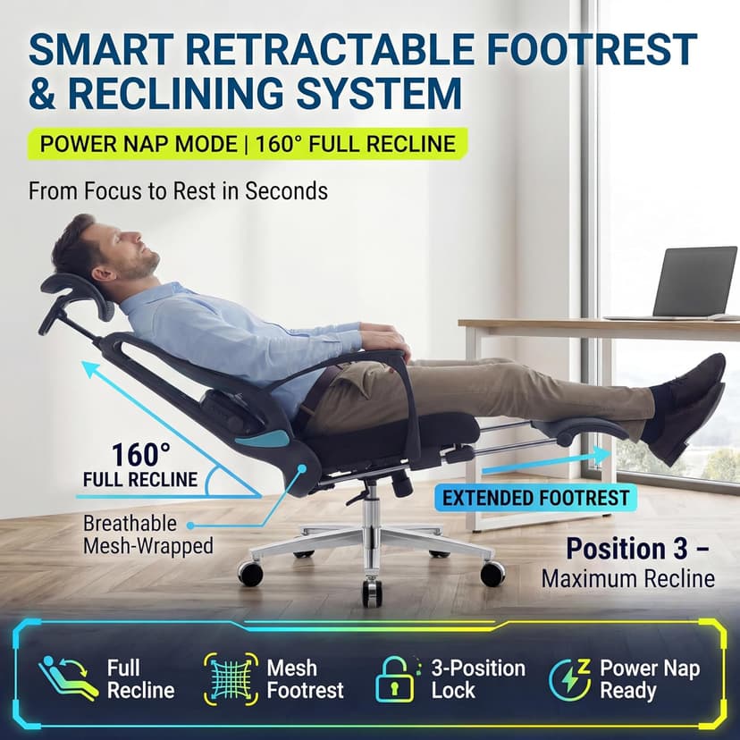 Ergonomic Office Chair with Footrest & Adjustable Lumbar Massager, High Back,Big and Tall,Desk Chair with 5D Headrest, Reclining Swivel Rolling Mesh Chair for Home Office, 400LBS (Black)