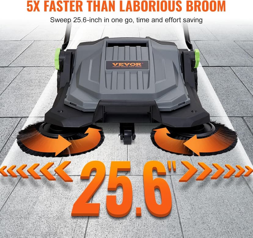 VEVOR Walk-Behind Hand Push Floor Sweeper, 25.6" Sweeping Width Floor Sweeper Manual Non-Electric, 5-Gallon Waste Container, Angle & Height Adjustable Folding Handle for Walkway, Yard, Garage, Patio