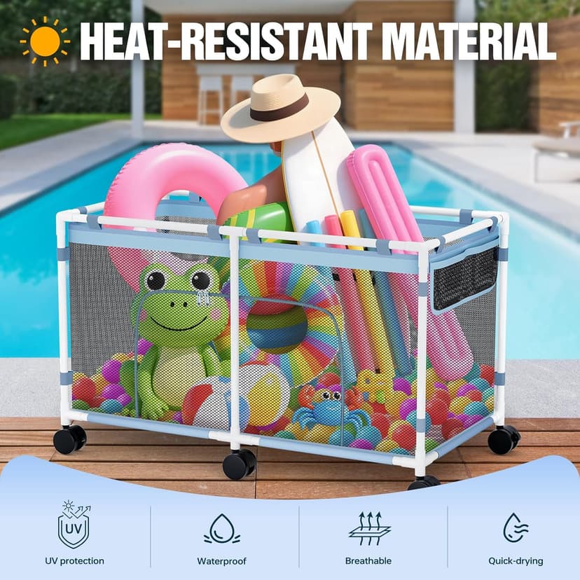 Pool Float Storage - Outdoor Pool Toy Storage Organizer for Pool Noodles, Toys, Floats, Beach Balls, and Equipment, Above Ground Pool Accessories, Rolling Outdoor Pool Storage Bin with Zipper Design