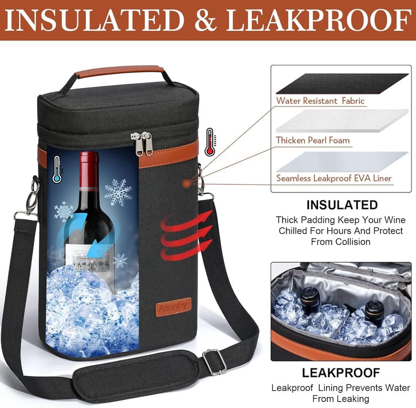 2 Bottle Wine Bag Wine Cooler Carrier Wine Gift Tote Bag, Leakproof & Insulated Bottle Bags for Travel, BYOB, Beach, Dinner, Party, Christmas Gifts for Wines Lovers Women Men - Black