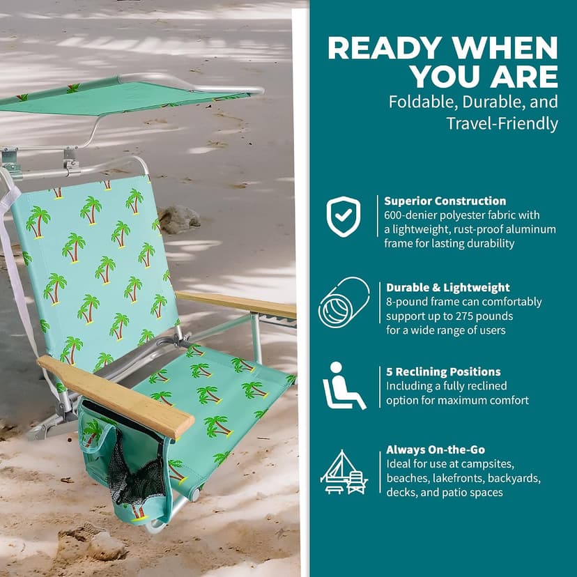 Bliss Hammocks Folding Beach Chair Recliner with Canopy Shade, Palm Tree