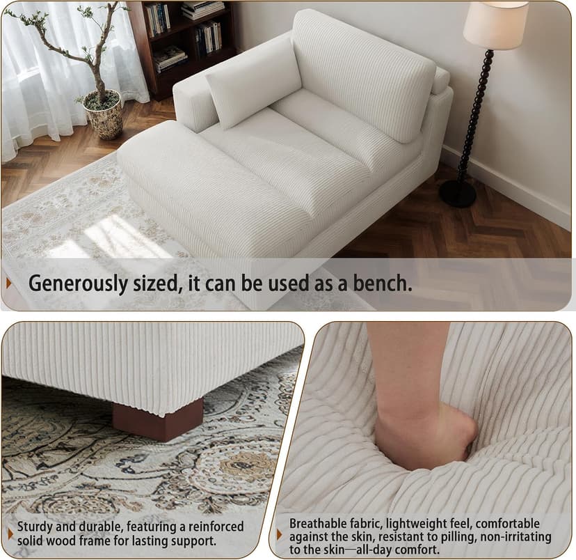 Oversized Chaise Lounge Chair Indoor with Left Armrest, Comfy Upholstered Sofa Bed Recliner Chair for Living Room, Corduroy Reading Seat Cloud Couch w/Solid Wood Frame - Sea Salt Grey