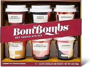 Bombombs Hot Chocolate Mix Gift Set in Mini Cup Packaging, Flavors Include Double Chocolate, French Vanilla, Peppermint, Salted Caramel and More, Set of 6