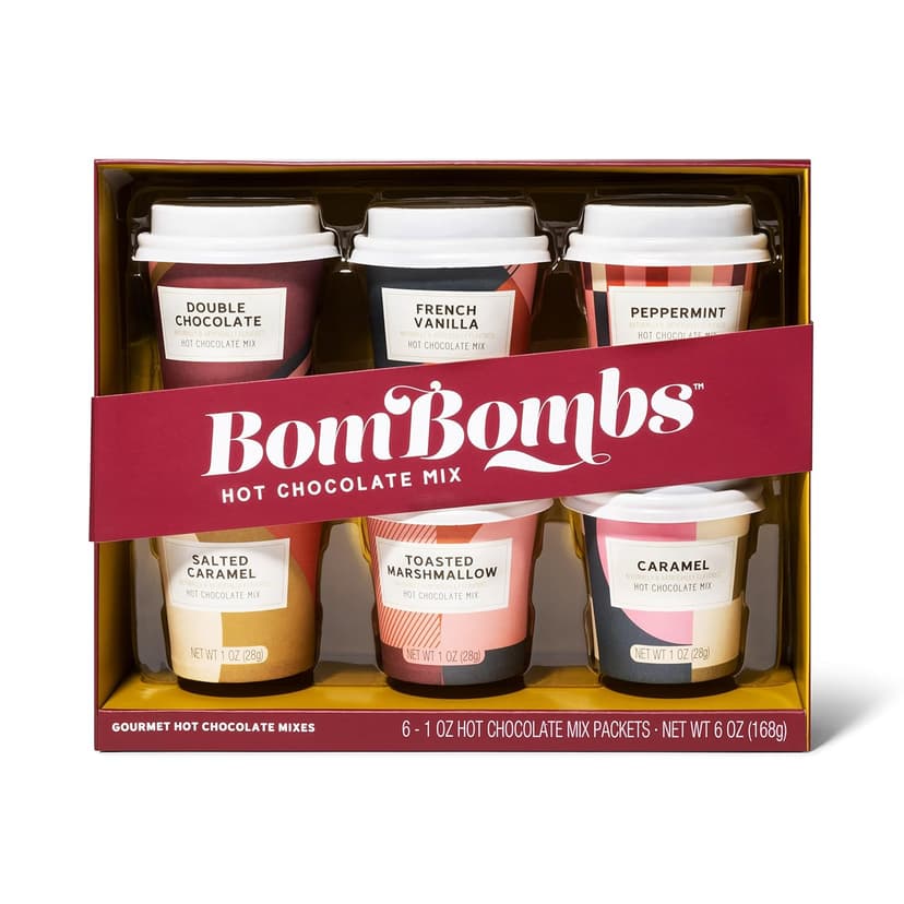 Bombombs Hot Chocolate Mix Gift Set in Mini Cup Packaging, Flavors Include Double Chocolate, French Vanilla, Peppermint, Salted Caramel and More, Set of 6