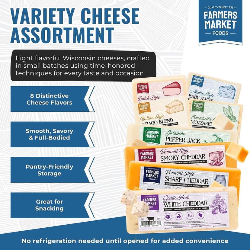 Garlic, Smokey Cheddar, Sharp Cheddar, Pepper Jack, Gouda, Swiss, Mozzarella & Italian Blend – Gluten Free, Keto & Paleo Farmers Market Wisconsin Cheese Artisan Gift Set for Charcuterie, 8 Count B0CRMBJ81D