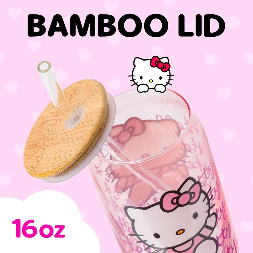 Silver Buffalo Sanrio Hello Kitty Waving Pink Glass Jar Tumbler with Bamboo Lid and Glass Straw, 16 Ounces